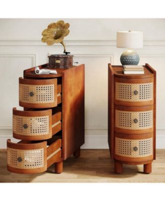 Solid Wood End Table Set of 2, 3-Drawer Rattan Nightstands with Embossed Handles, Fully Assembled for Living Room or Bedroom