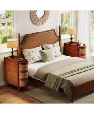 Solid Wood End Table Set of 2, 3-Drawer Rattan Nightstands with Embossed Handles, Fully Assembled for Living Room or Bedroom