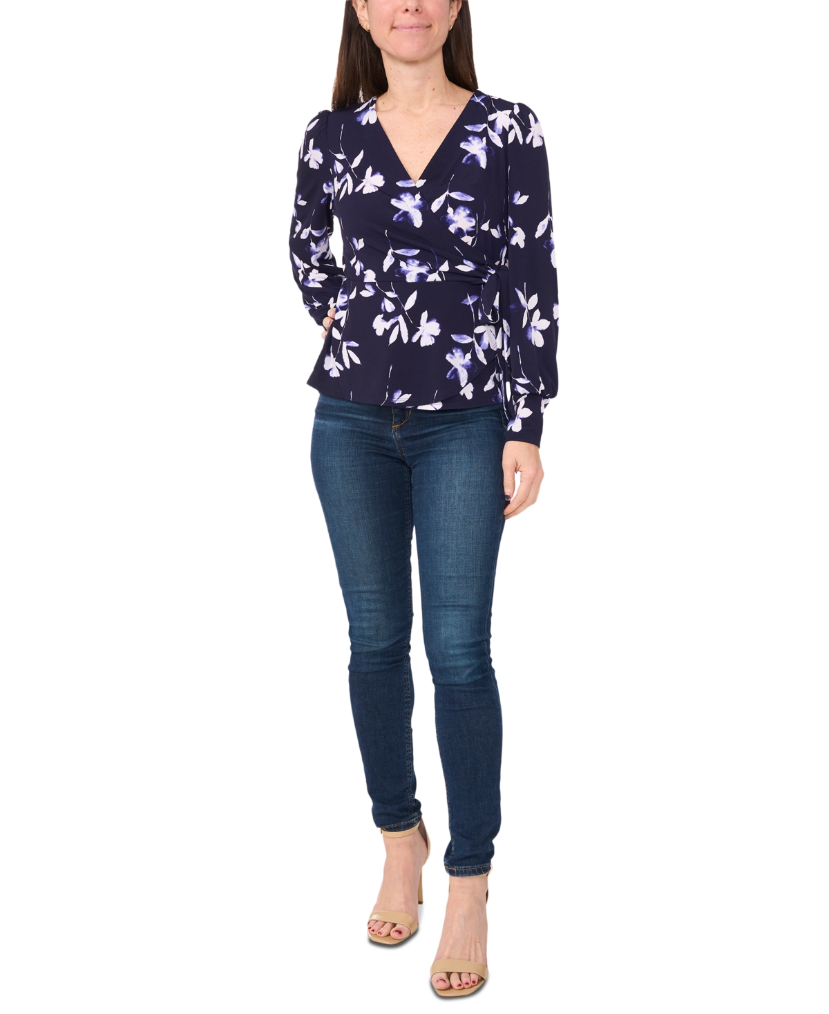 SAM & JESS PETITE PRINTED FAUX-WRAP LONG-SLEEVE TOP 