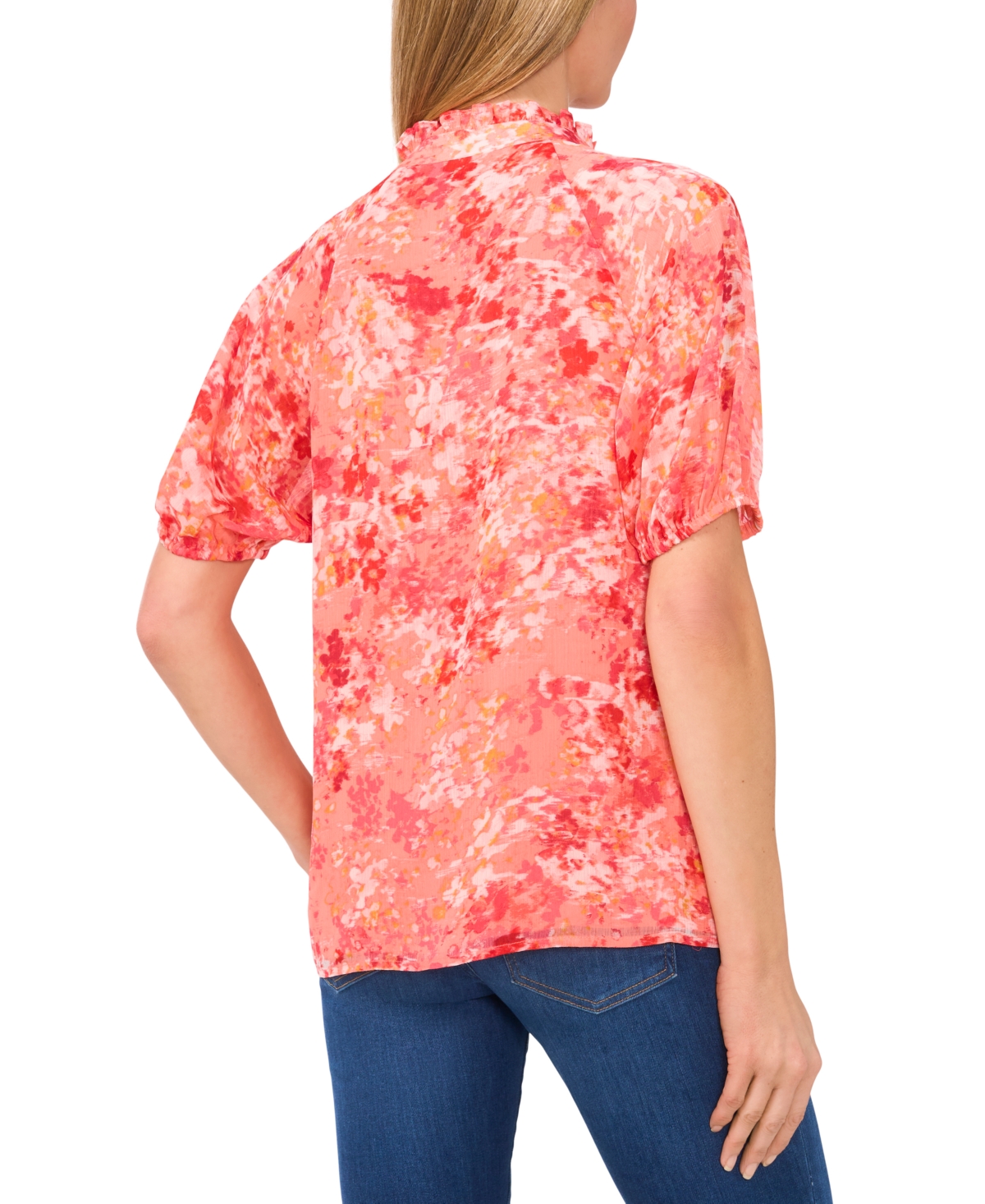 Cece Ruffle Split Neck Short Sleeve Top In Deep Sea Coral