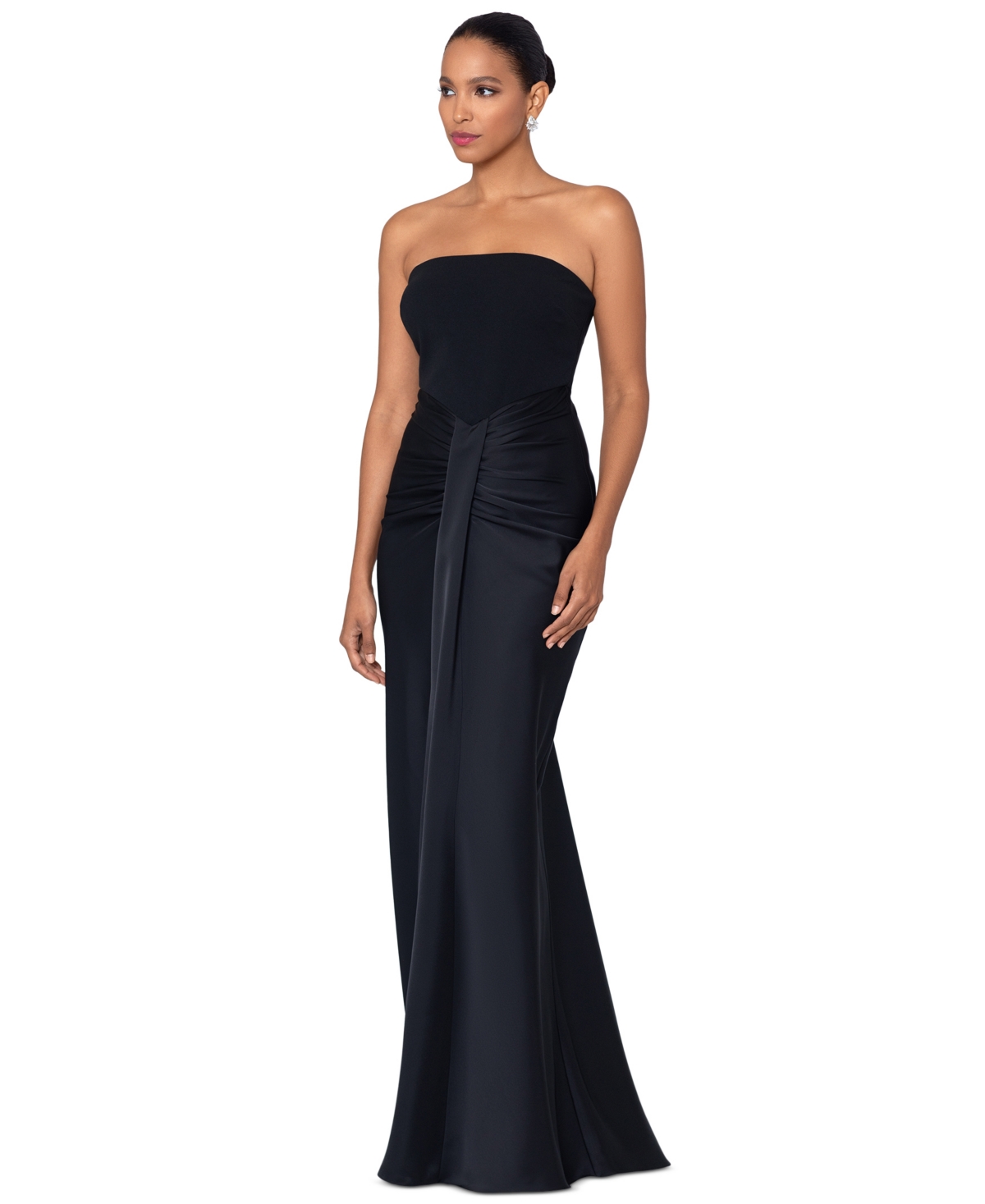 Shop Betsy & Adam Petite Strapless Drape-front Satin Gown In Black