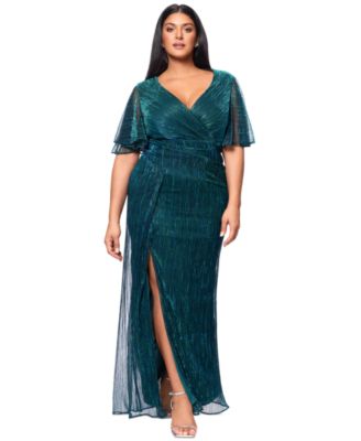Betsy & Adam Plus Size V-Neck Metallic Crinkle Gown 