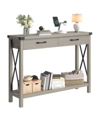 Console Table with 2 Drawers, Farmhouse Sofa Table with Storage Shelf, Accent Wood Entryway Table
