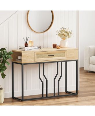 Console Table, Sofa Tables Rattan Entryway Table with Storage Drawer
