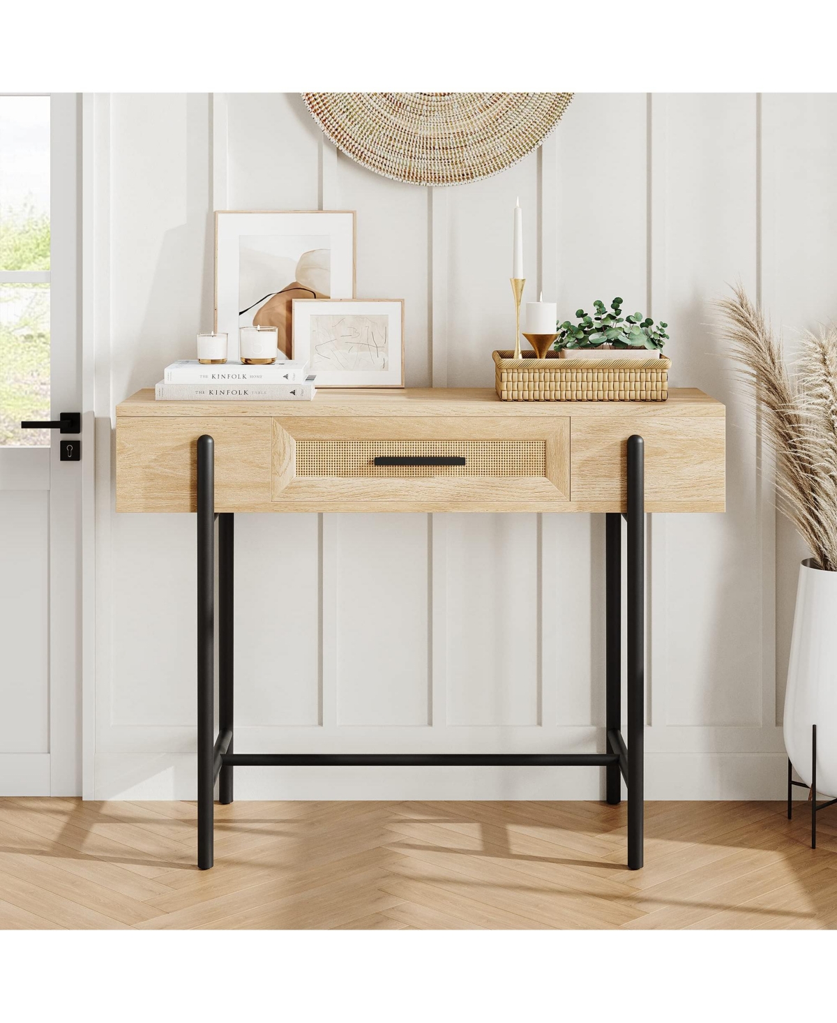 gaomon Console Table Rattan Sofa Tables Narrow Entryway Table with Drawer and Storage -pastel Brown