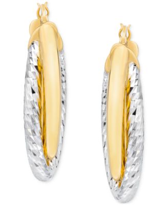 Polished & Diamond Cut Double-Row Oval Bypass Hoop Earrings in 14k Yellow & White Gold