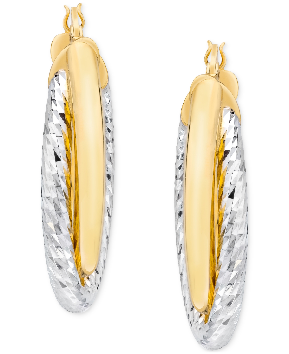 Macy's Polished & Diamond Cut Double-row Oval Bypass Hoop Earrings In 14k Yellow & White Gold In Two-tone