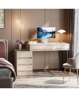 modern, reversible, wood desk with 5 drawers, printer stand, storage — ideal for home office, bedroom, or living room setup.