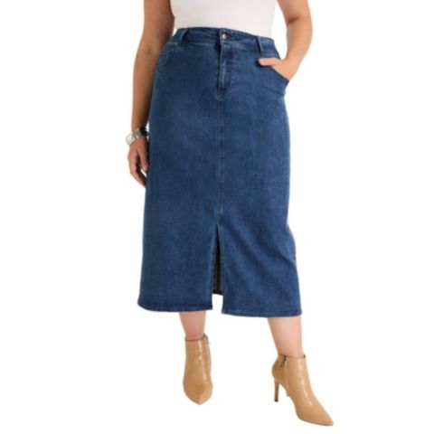 Женская юбка June & Vie Front-Slit Denim Midi, цвет: Средний синий