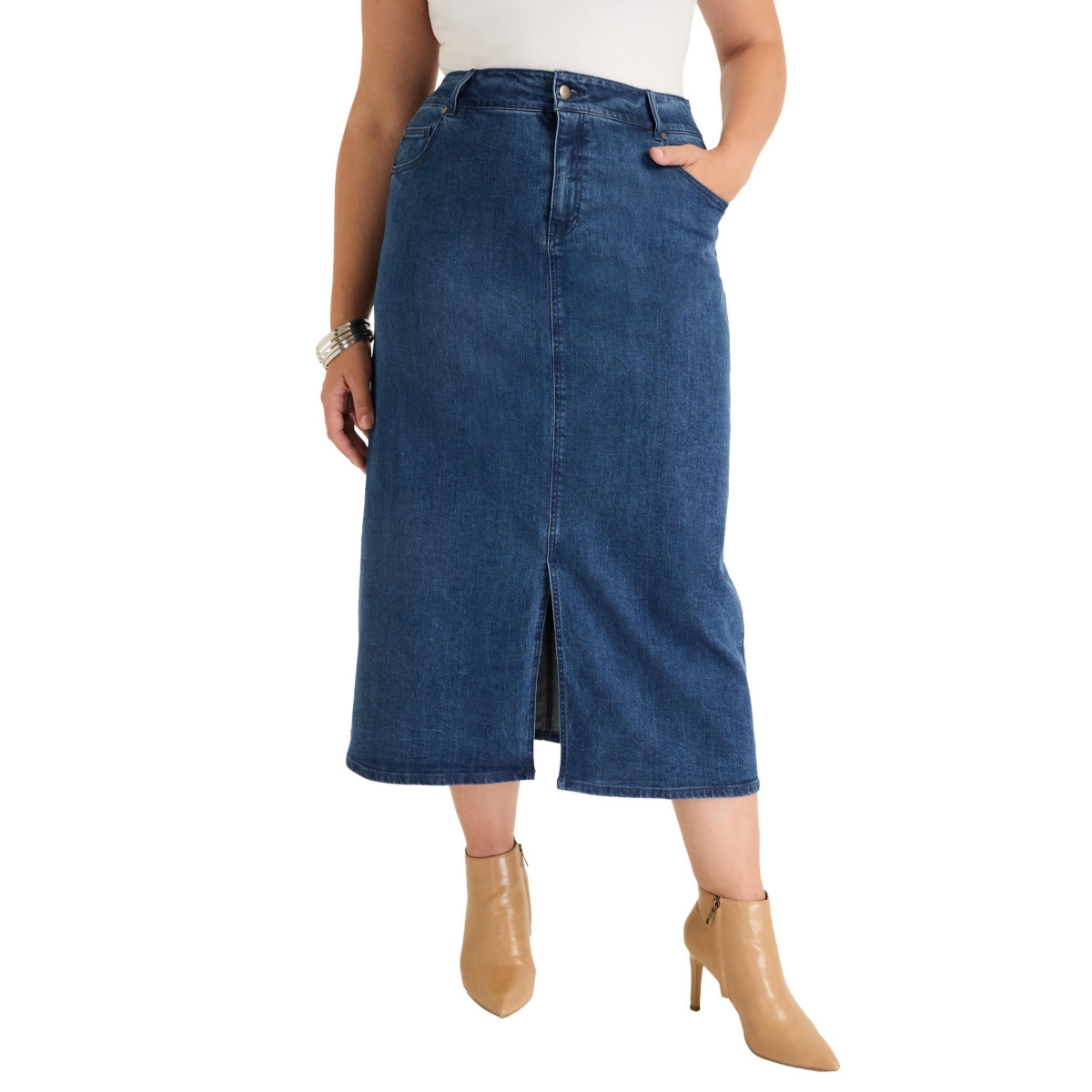 June + Vie Plus Size June + Vie Front-Slit Denim Midi Skirt