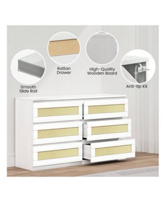 1Pc MDF 6-Drawer Rattan Anti-Tip Wide Storage Dresser Cabinet