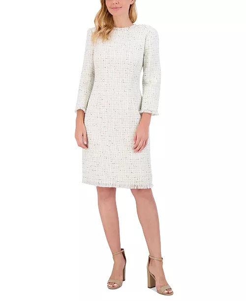 women's fringe-trim boucl&eacute; tweed sheath dress