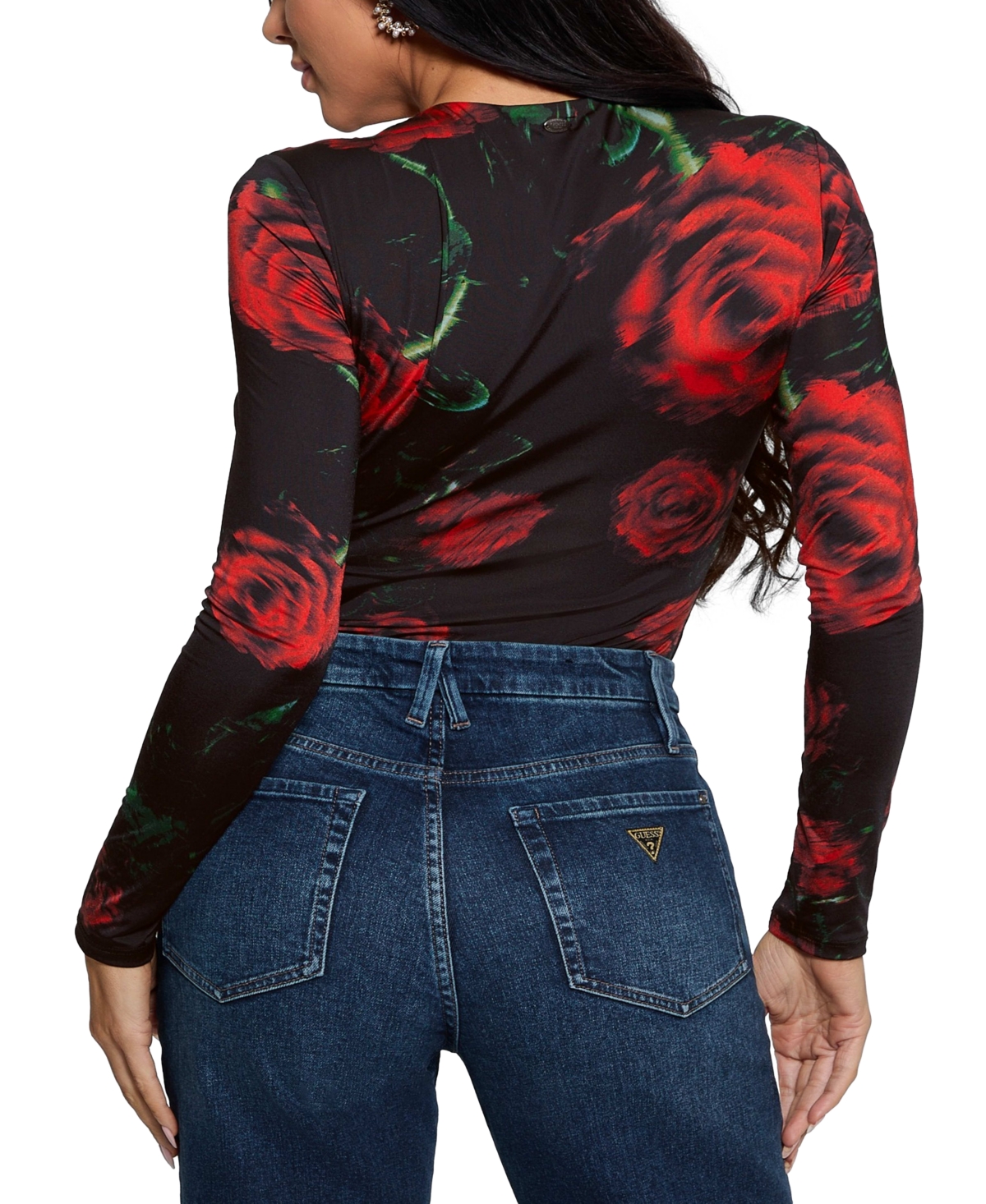 Guess Women's Bianca Rose-Print V-Neck Long-Sleeve Bodysuit