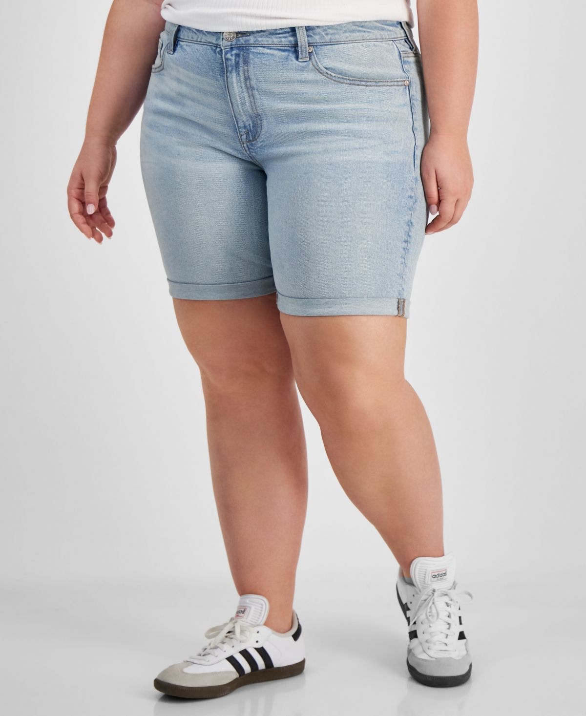 Celebrity Pink Trendy Plus Size Rolled-cuff Denim Shorts In Light Wash