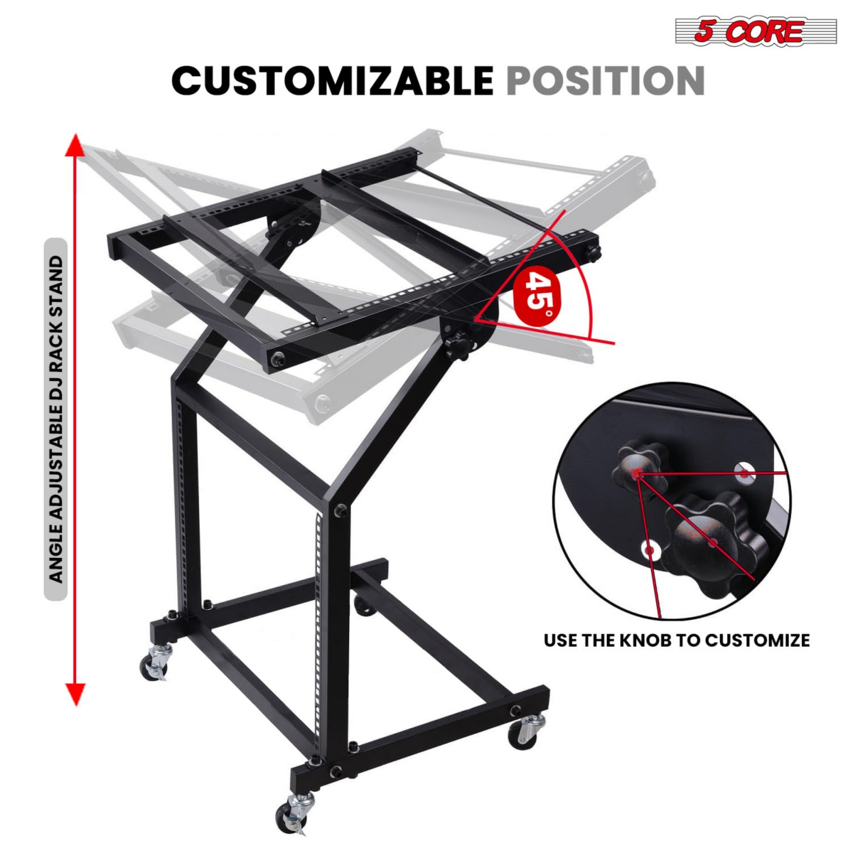 5 Core Dj Mixer Stand 12U Adjustable Rack Mount Rolling Stage Cart Pro Audio Studio Equipment for Homes Offices Stage Music Studios w Wheels - Rack St