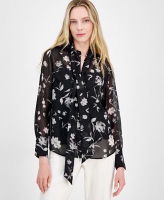 Anne Klein - Women's Floral-Print Tie-Neck Blouse