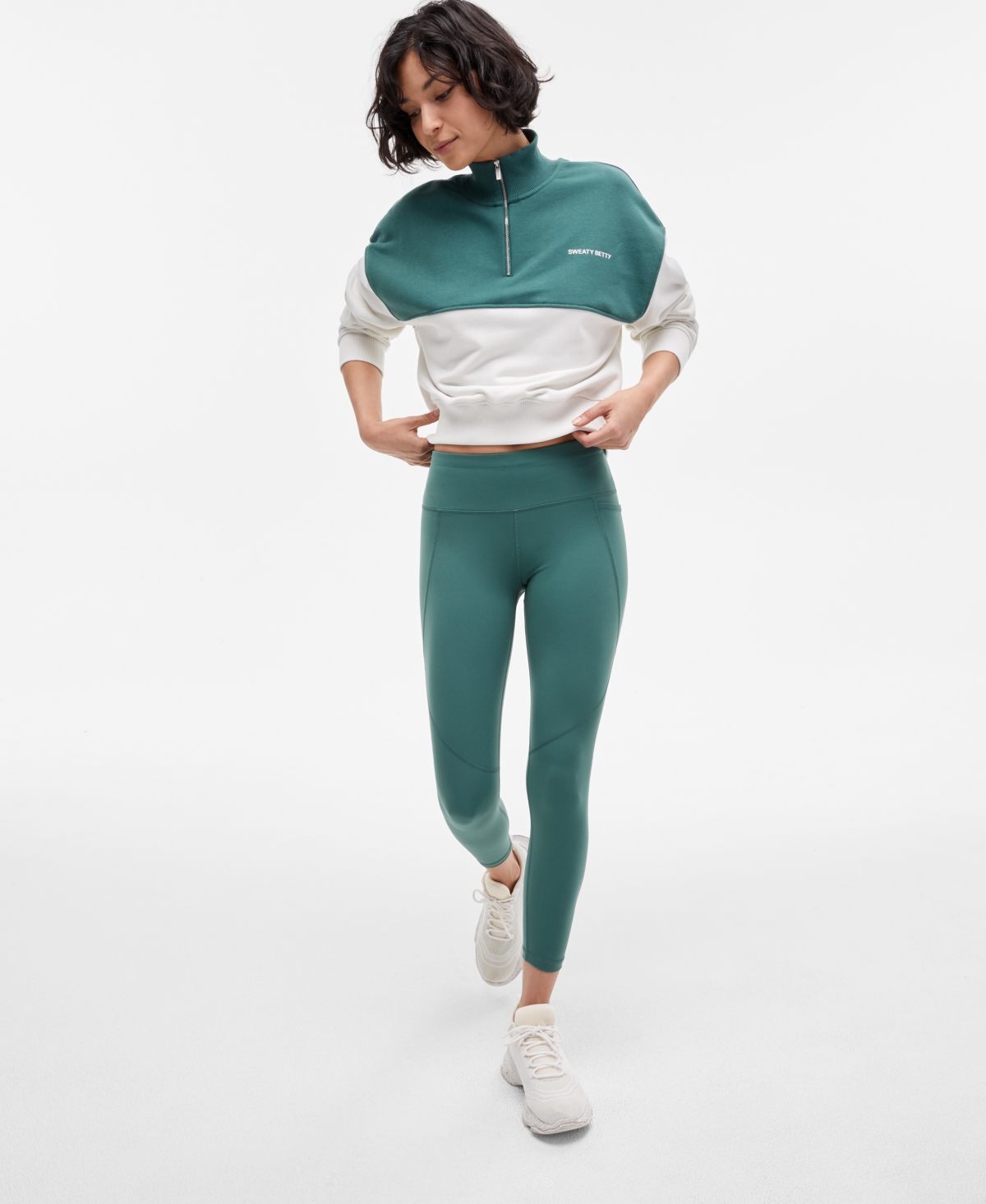 Sweaty Betty Womens Cropped Half Zip Jacket 7 8 Workout Leggings In Glade Green
