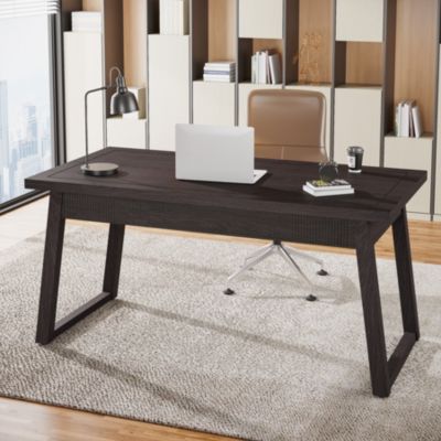 Home Office Executive Desk: 55 Inches Wooden Computer Desk with Drawer, Mid-Century Modern Study Writing Table