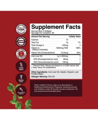 Cod Liver Oil Softgels, Fish Oil Supplement with Vitamin D3 & A for Heart Joint Brain and Immune Support, Nature's Craft, 180ct
