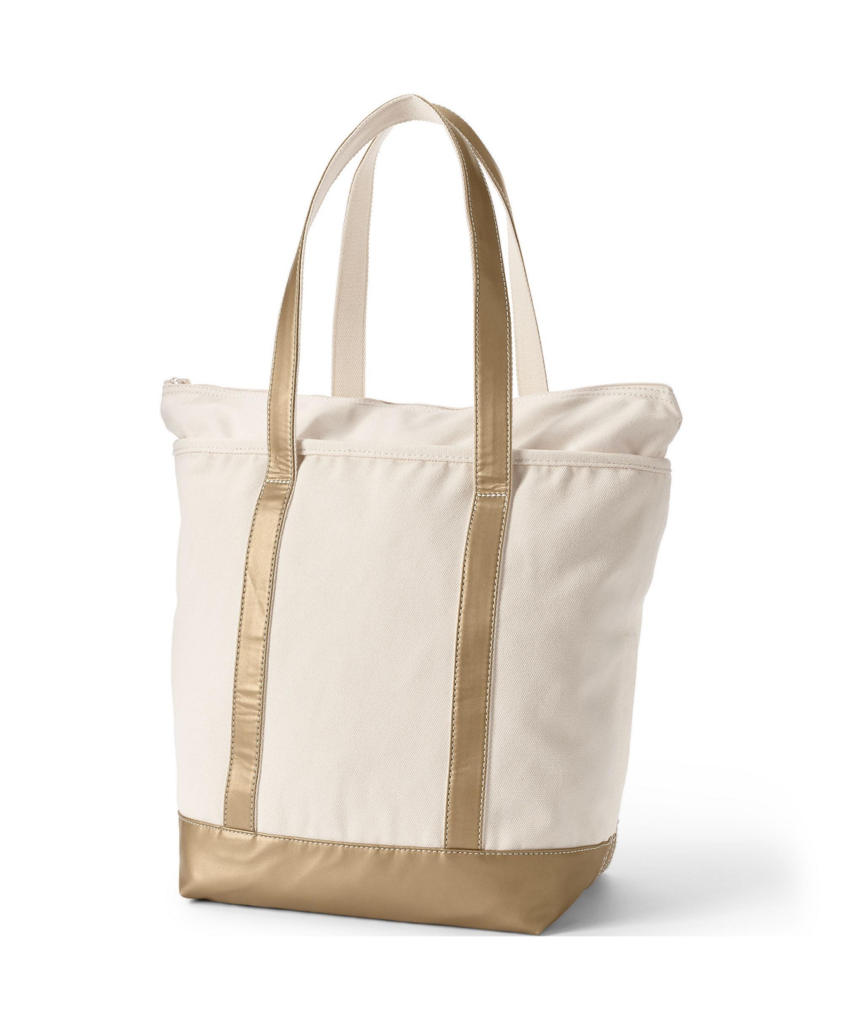 Lands' End Metallic 5 Pocket Zip Top Long Handle Canvas Tote Bag -bronze metallic