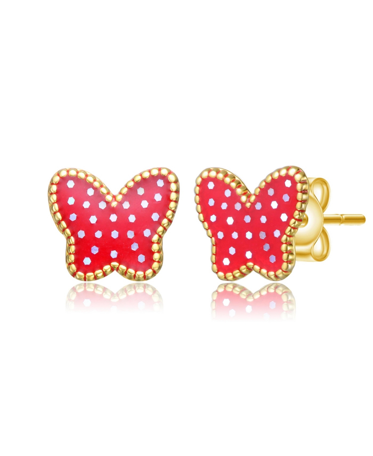 Sterling Silver 14K Gold Plated Red Enamel Starry Sky Butterfly Stud Earrings - Red