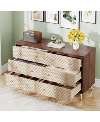 47-Inch Dresser for Bedroom with 6 Drawers, Double Wide Chest of Drawers with Gold Legs, Wood and Metal Storage Dresser for Closet, 6-Drawer Dressers Cabinet (Dark Brown+Natural)