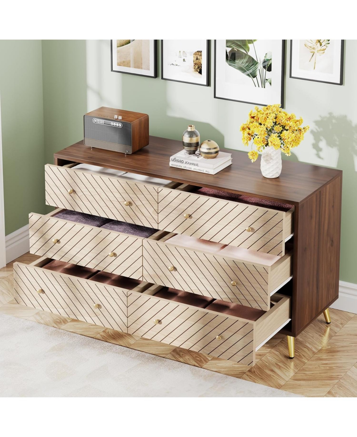 Tribesigns 47-inch Dresser For Bedroom With 6 Drawers, Double Wide Chest Of Drawers With Gold Legs, Wood And Me In Dark Brown+natural