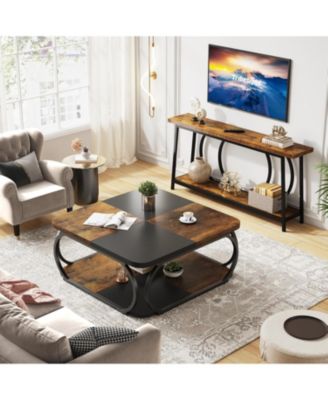 39 Inch Large Wood 2 Tier Coffee Table with Open Storage Shelf