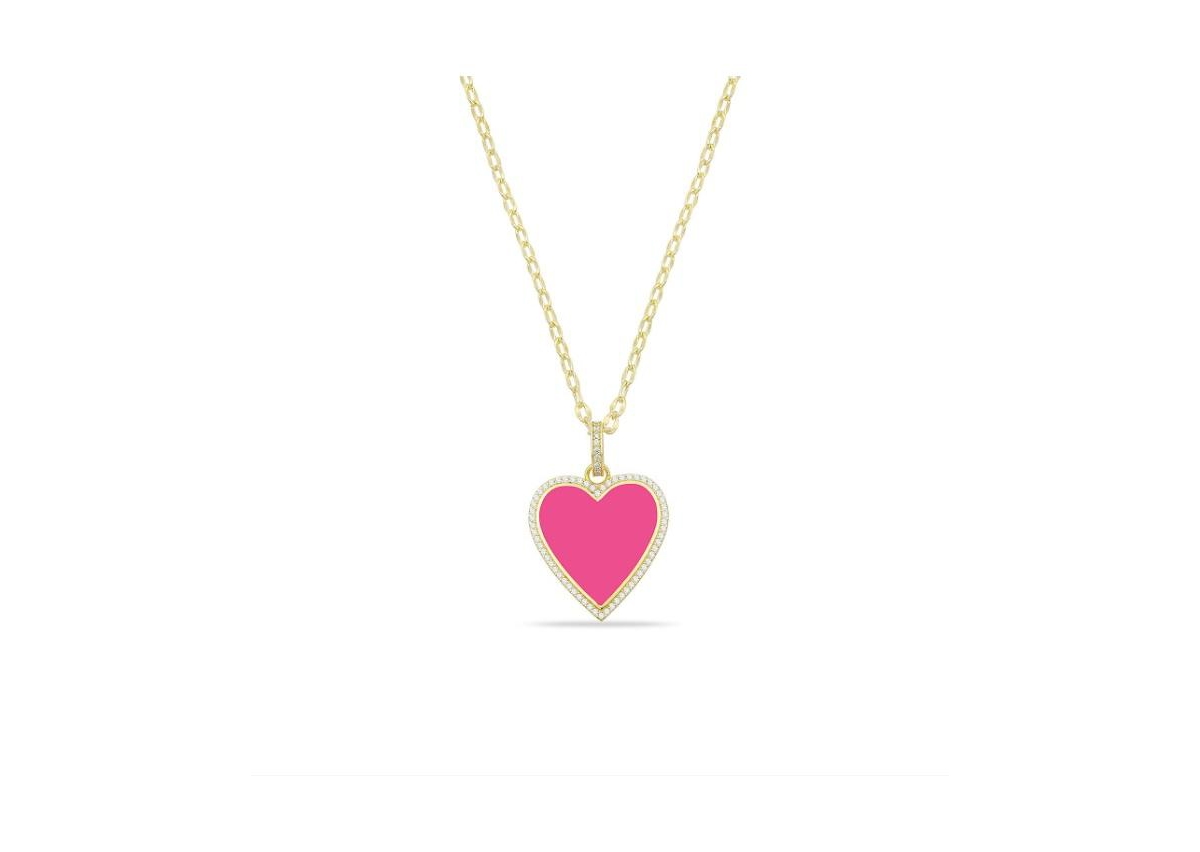 Pink Enamel Heart Necklace Encusted with Cubic Ziconia Suepended on a Paperclip Chain 18 inches adjustable - Hot pink