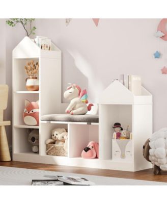 Kids Bookshelf with Reading Nook 47.75in Width Children Bookcase 6-Cubby Toy Storage Organizer Seat Cushion Wooden Storage Bench Playhouse Cabinet Kids Room, Playroom, Classroom, Nursery