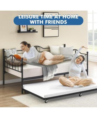 Twin Daybed with Trundle, Modern Pull Out Day Bed Frame with Vintage Headboard, Metal Daybed with Sturdy Slat Support,for Small Spaces, Kids Room, Living Room, Guest Room