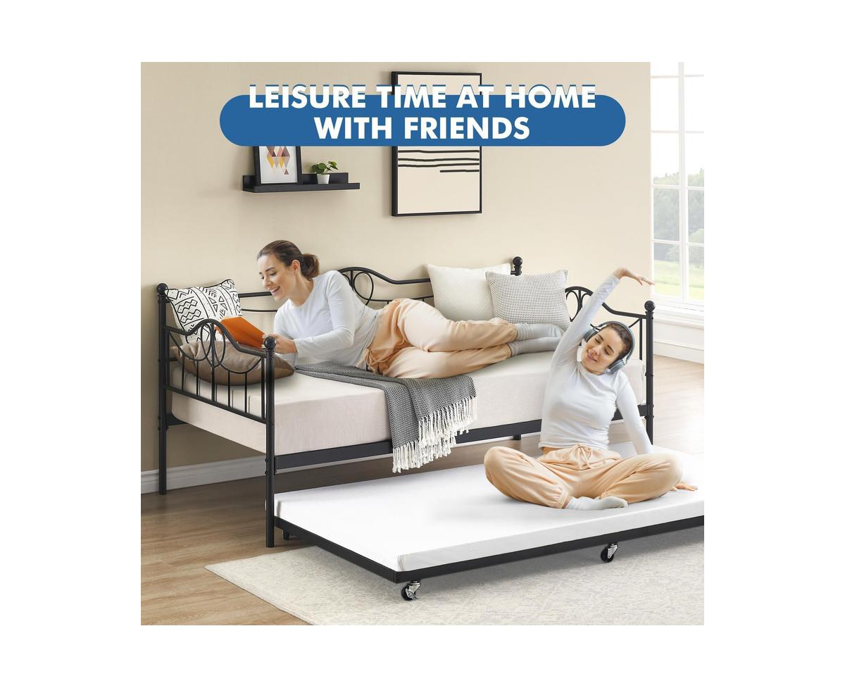 gaomon Daybed with Trundle, Modern Pull Out Day Bed Frame with Vintage Headboard, Metal Daybed with Sturdy Slat Support,for Small Spaces, Kids Ro