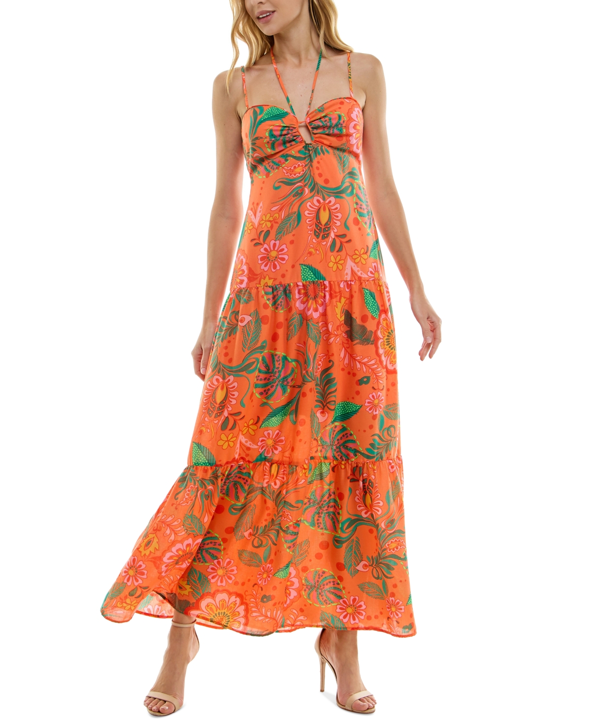 Juniors' Printed Keyhole Tiered Maxi Dress - Orange Multi