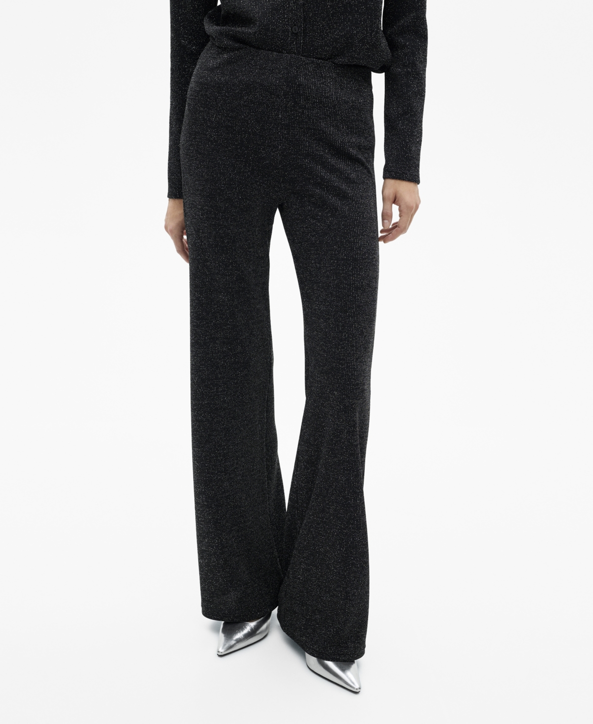 Shop Mango Women's Lurex-knit Flared Pants In Gray
