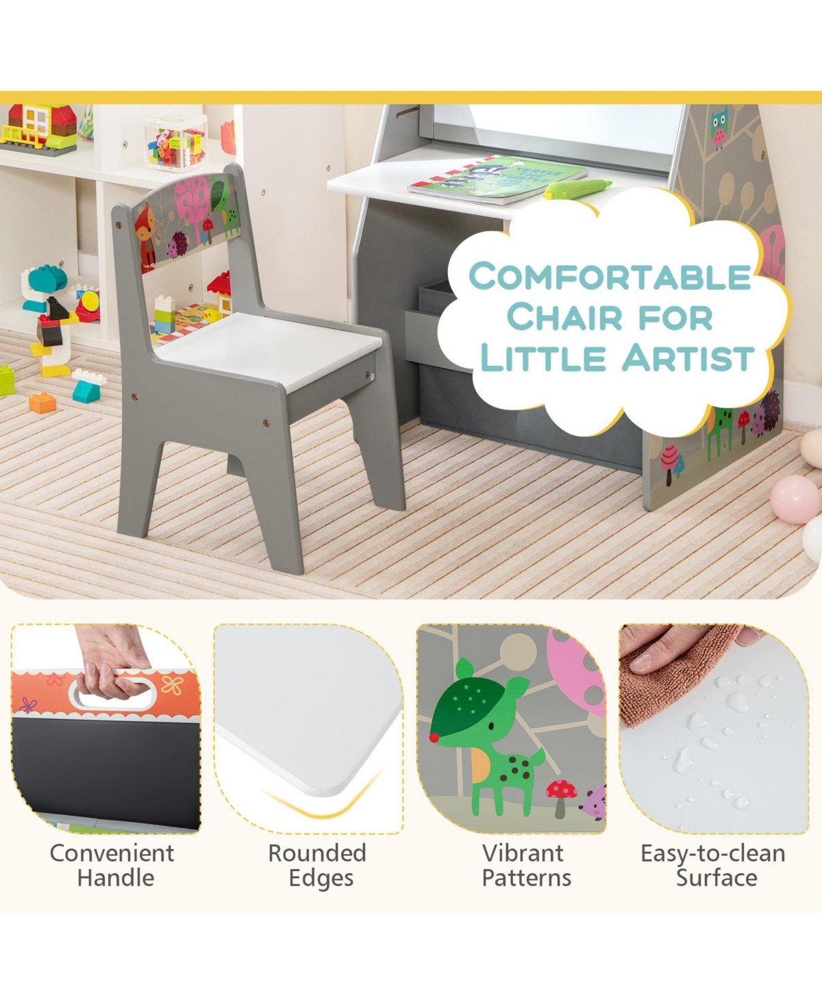 Gouun 3 in 1 Kids Easel and Play Station Convertible with Chair and Storage Bins