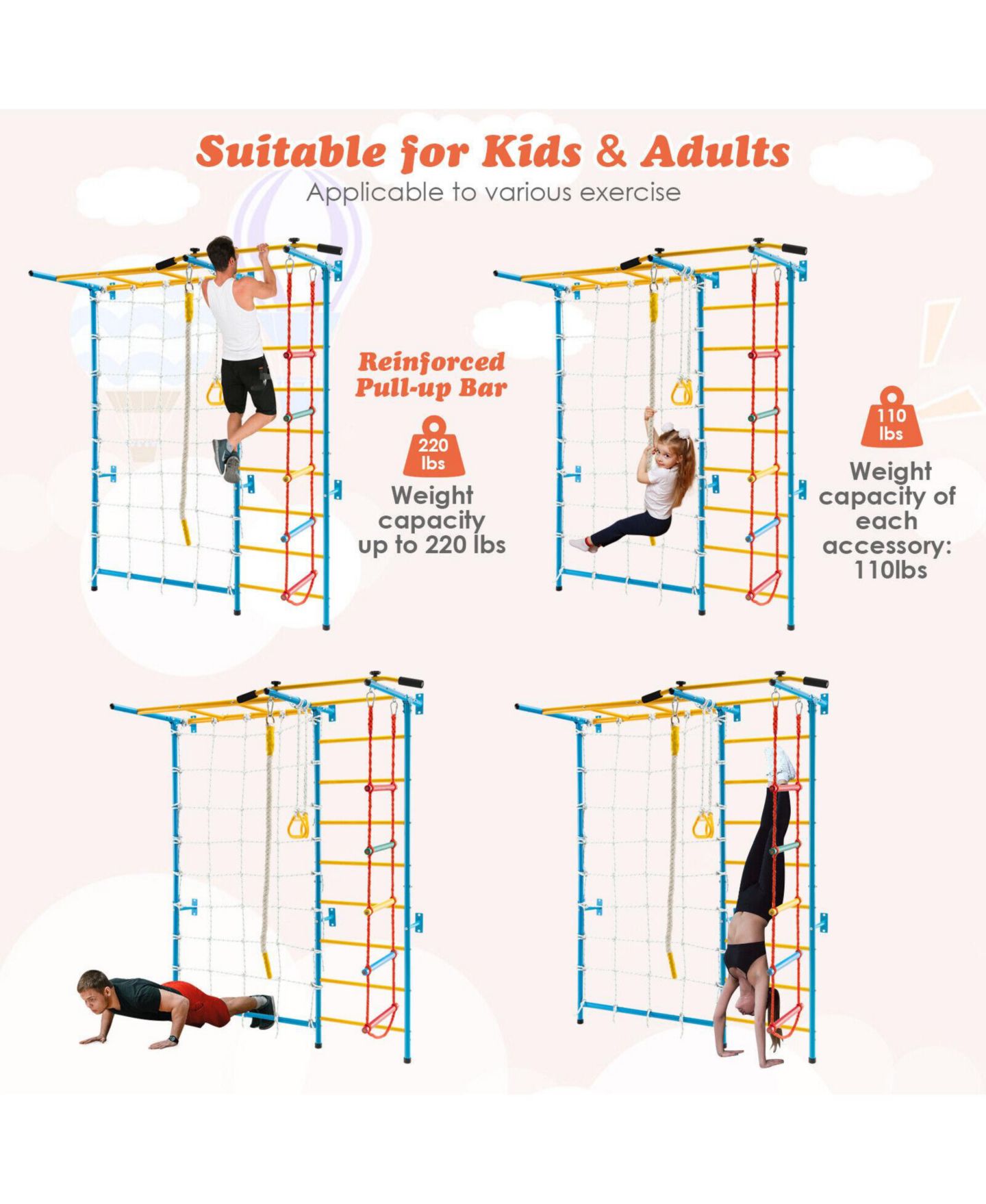 Детские игрушки GOUUN 7-In-1 Swedish Wall Ladder Carbon Steel Indoor Gym Playground Set, Ages 3+ — фото 6