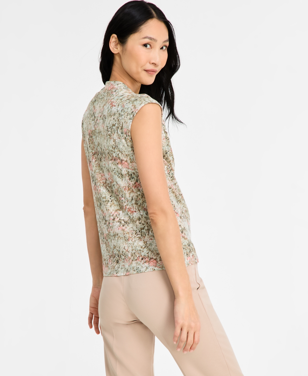 Anne Klein Cowl Neck Cap Sleeve Top In Soft Aloe Multi