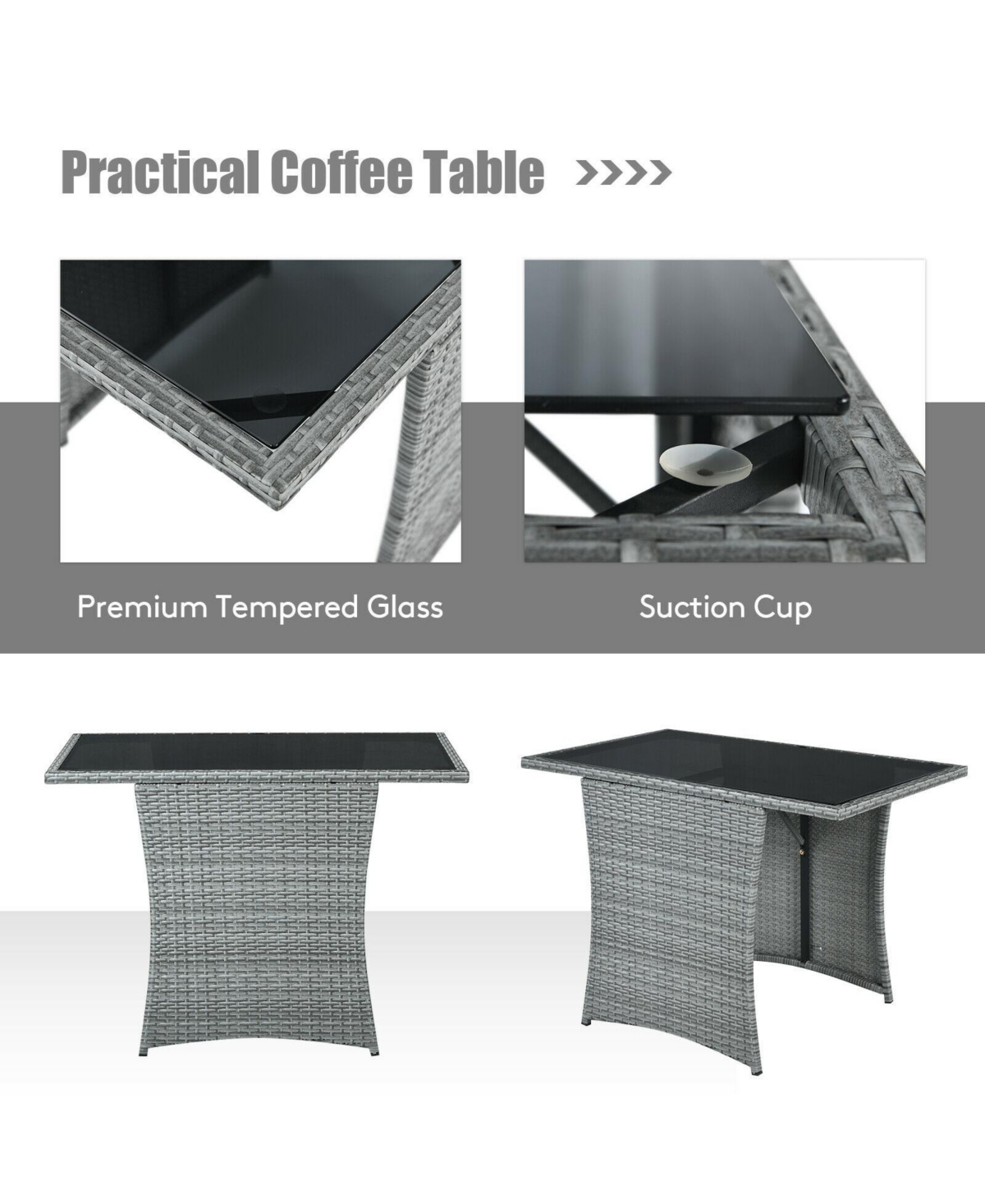 Gouun 3-Piece Patio Rattan Furniture Set with Cushioned Chairs and Glass Table