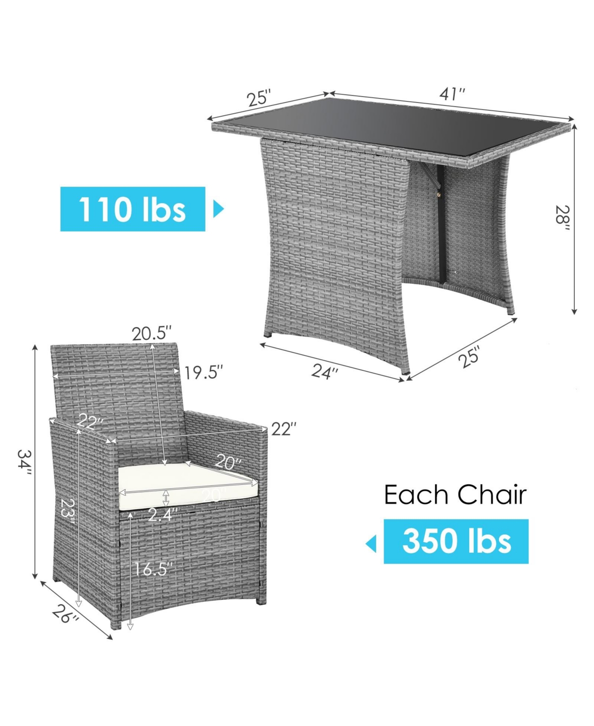 Gouun 3 Pieces Patio Rattan Furniture Set with Cushioned Armrest Sofa