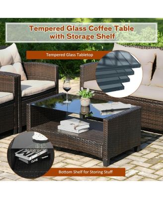 4 Pieces Outdoor Rattan Furniture Set with Glass Table