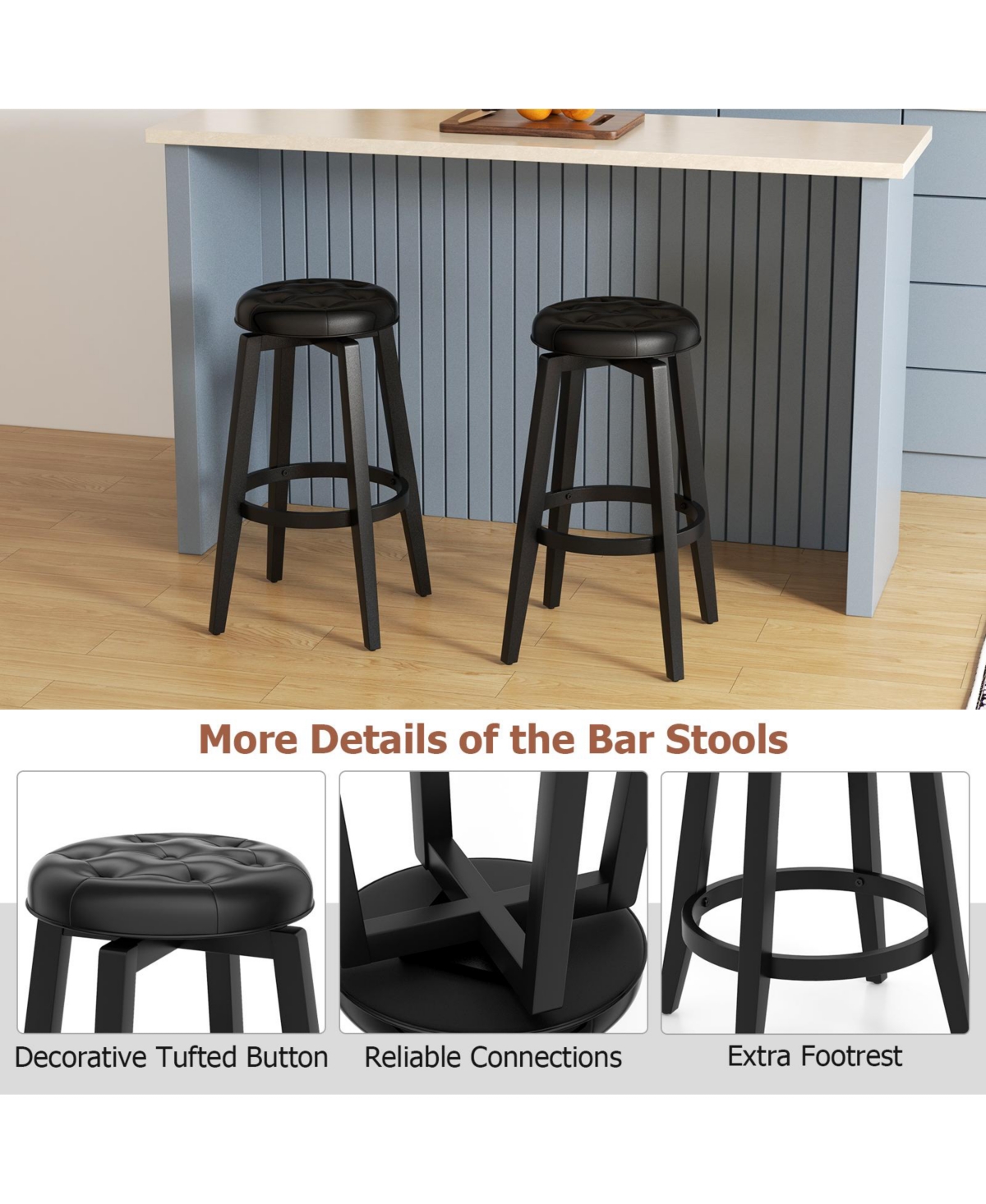 Gouun 360° Swivel Upholstered Rubberwood Frame Bar Stool Set of 2 with Footrest-29 inches
