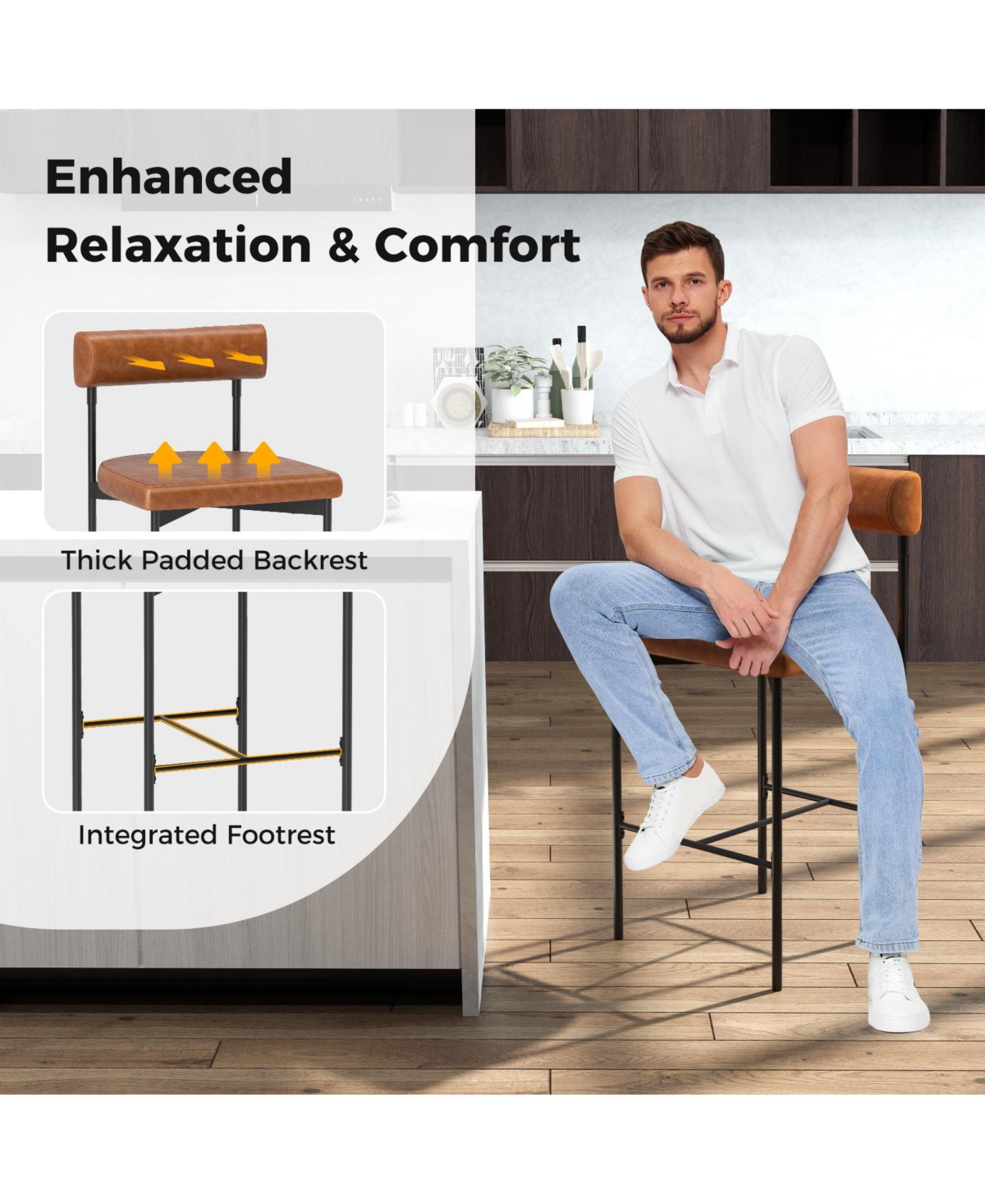 Gouun Upholstered Bar Stools Set of 2 Counter Height Bar Chairs with Backrest