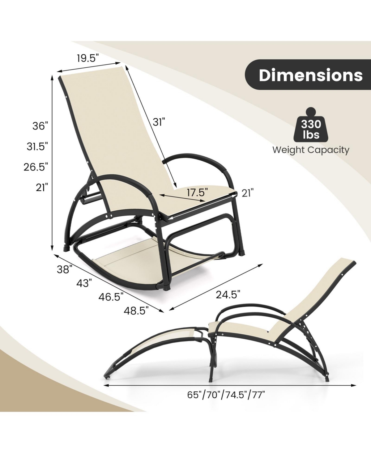 Gouun 2-in-1 Outdoor Rocking Chair with 4-Position Adjustable Backrest for Patio Porch Poolside