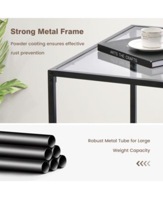 Modern 2-Tier Square Glass Table with Mesh Shelf