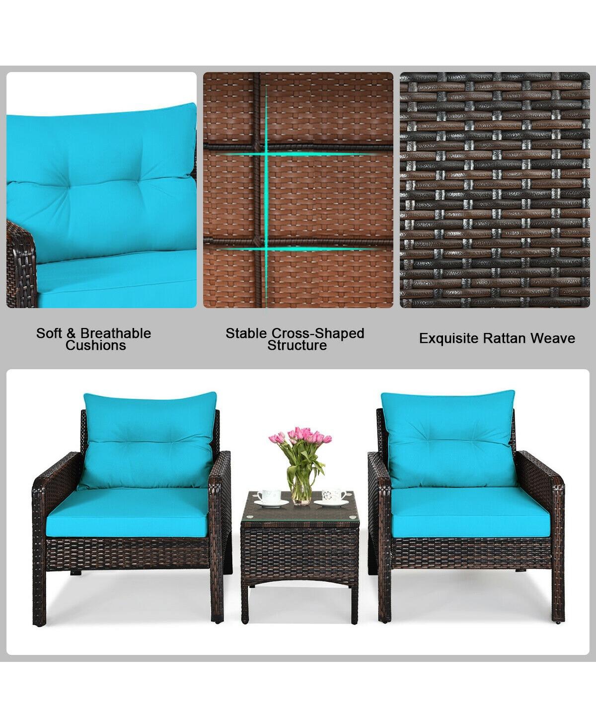 Gouun 3 Pcs Outdoor Patio Rattan Conversation Set with Seat Cushions -aqua