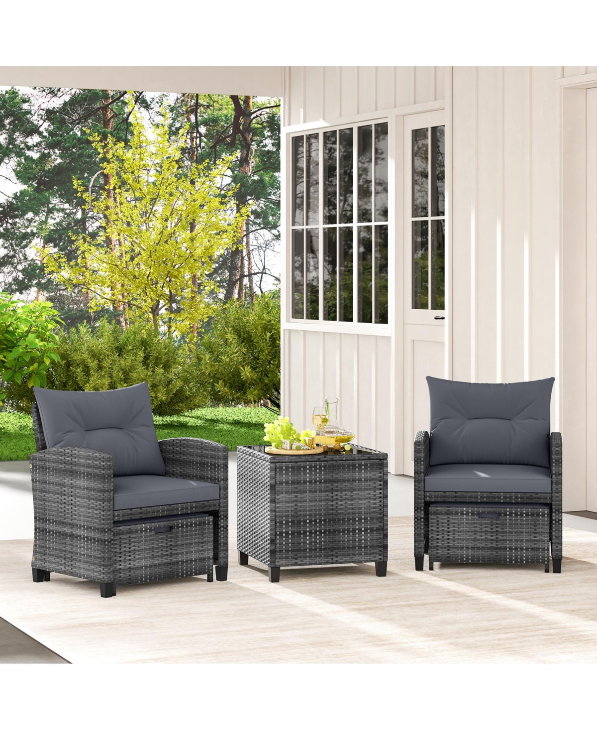Gouun 5 Piece Patio Rattan Furniture with 2 Ottomans and Tempered Glass Table
