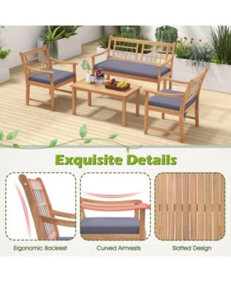 4 Piece Wood Patio Furniture with Armchairs Loveseat and Table