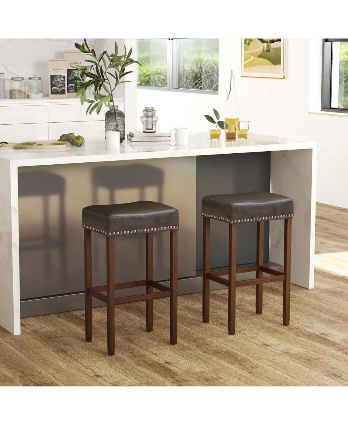 Gouun Upholstered Bar Stools Set of 2 with Footrests for Counter