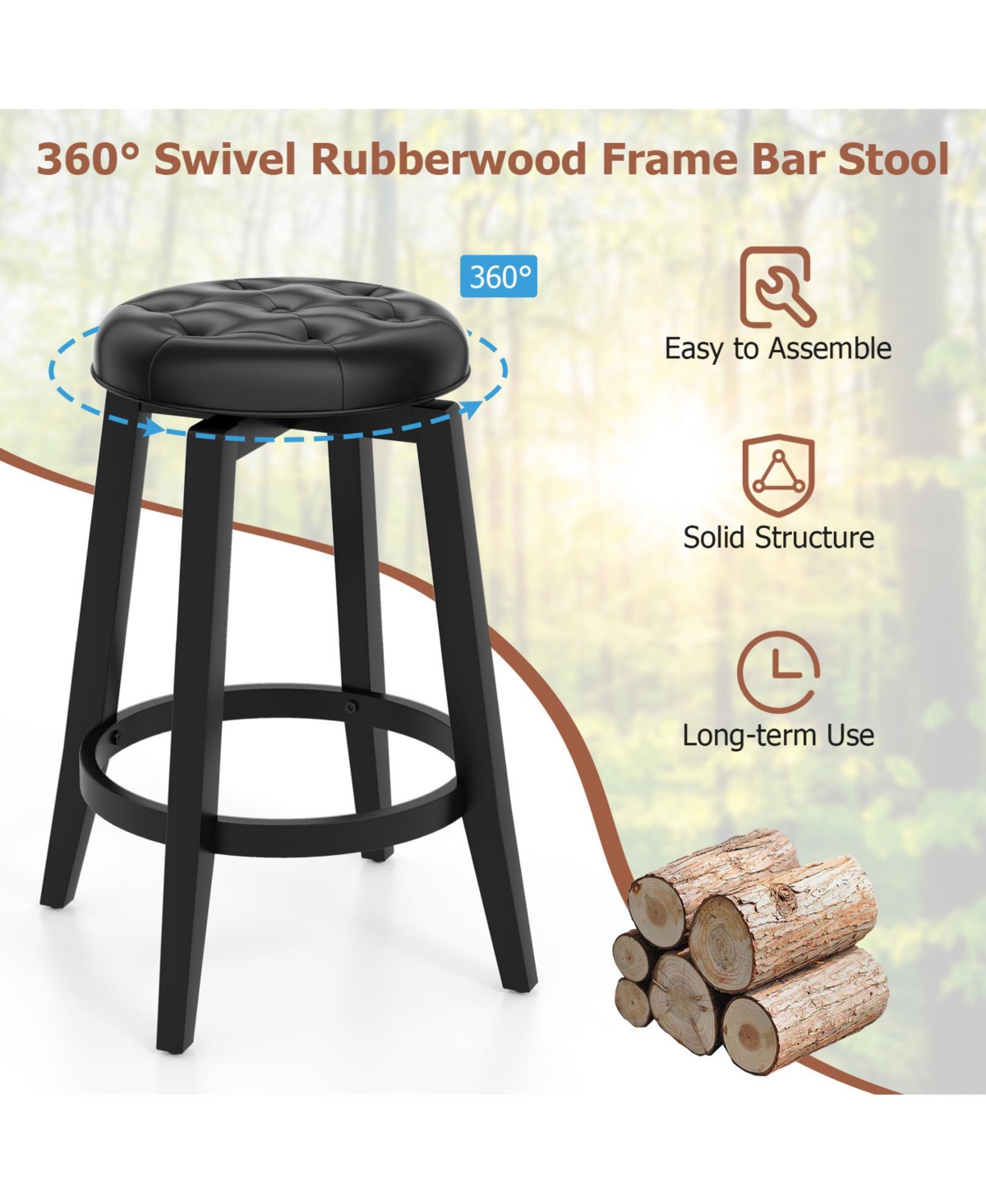 Gouun 360° Swivel Upholstered Rubberwood Frame Bar Stool Set of 2 with Footrest-24 inches
