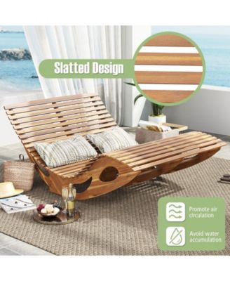 Slatted Acacia 2-Seat Patio Dual Rocker Sunbed Wood Lounger with Ergonomic Curved Seat